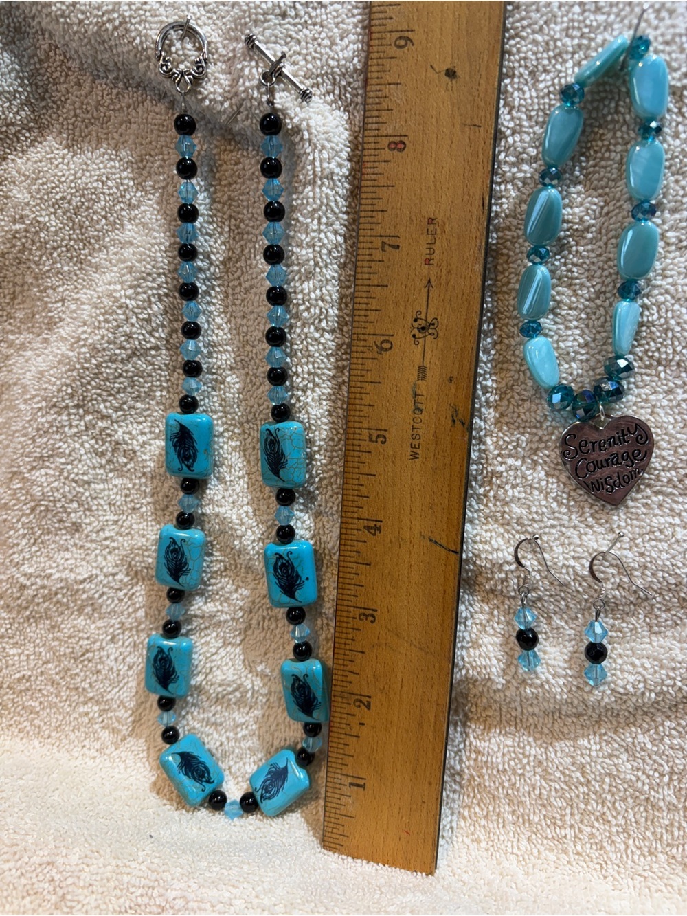 Blue, Black Designed Necklace, Bracelet, Earrings Set.  Silver Charm.  NWOT.